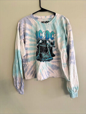 Rock Off AC/DC Tie-Dye Long Sleeve Tee in Blue & Pink